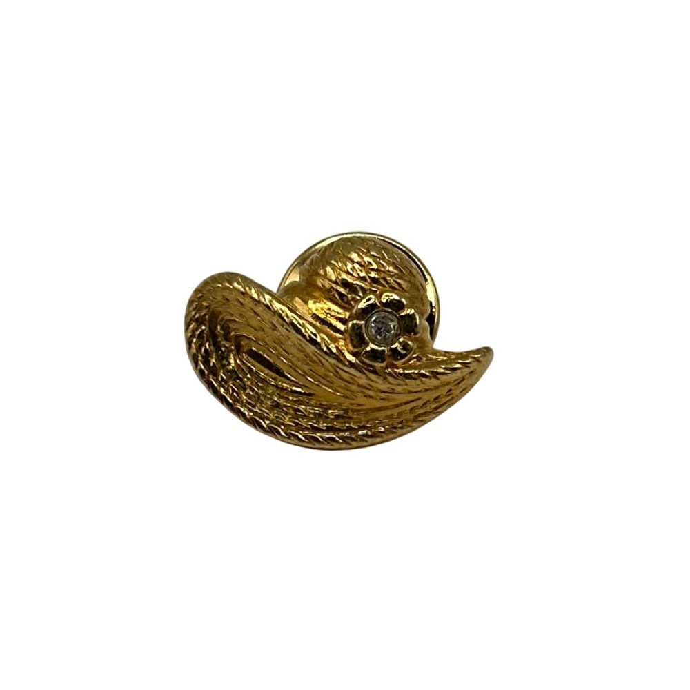Avon Vintage Gold Tone Sun Hat Lapel Pin Rhinestone Flower Accent Signed